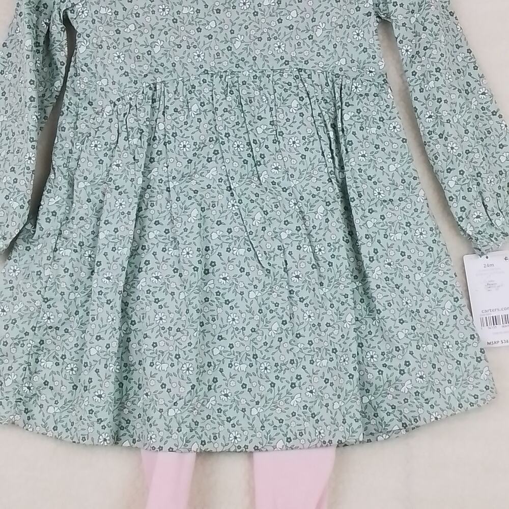 Carters Baby Set 24mo Green Pink Dress Leggings Layette Cotton Floral Print - Picture 7 of 15